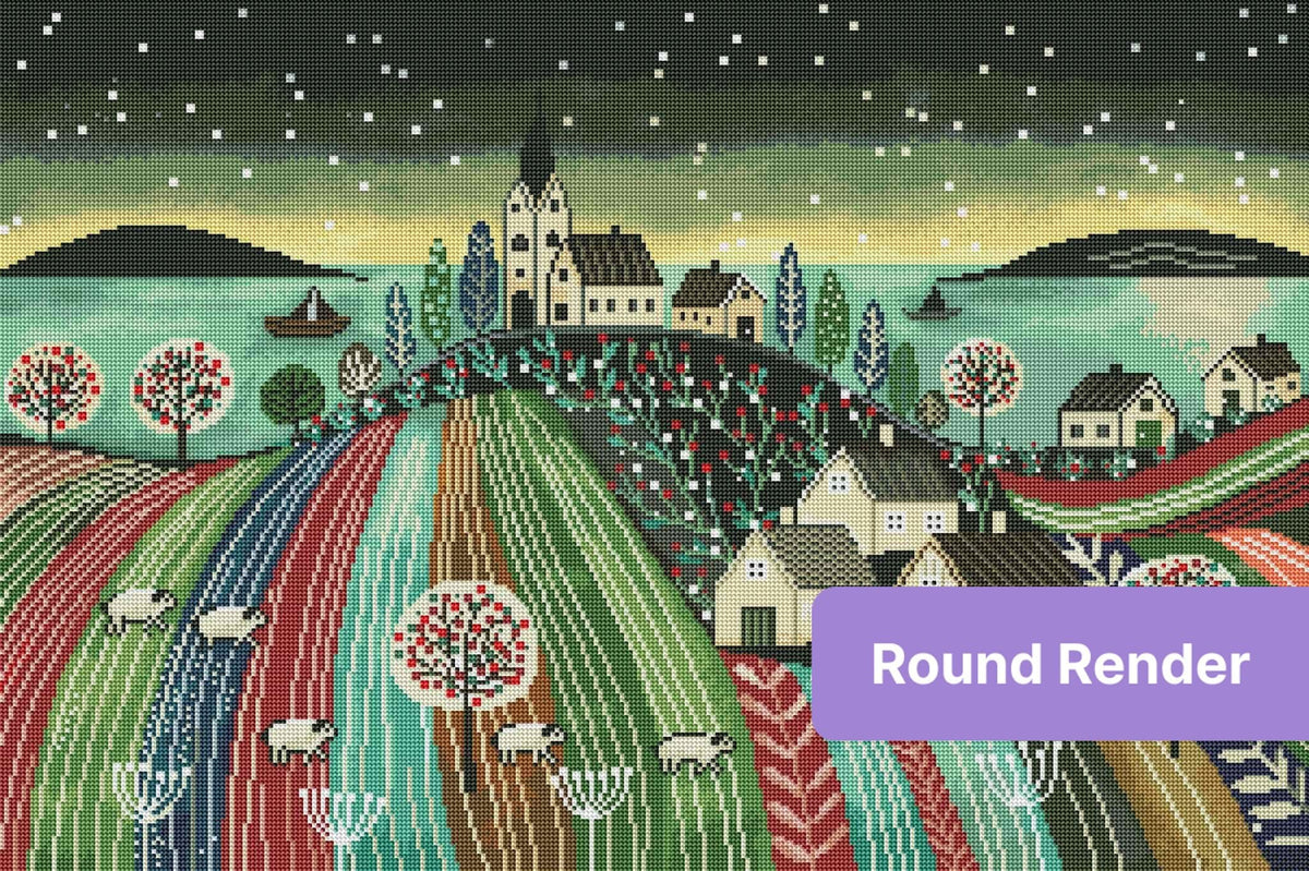 Whimsical village landscape with church, cottages, sheep, and colorful striped fields