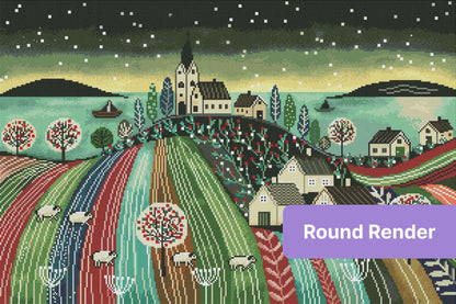 Whimsical village landscape with church, cottages, sheep, and colorful striped fields