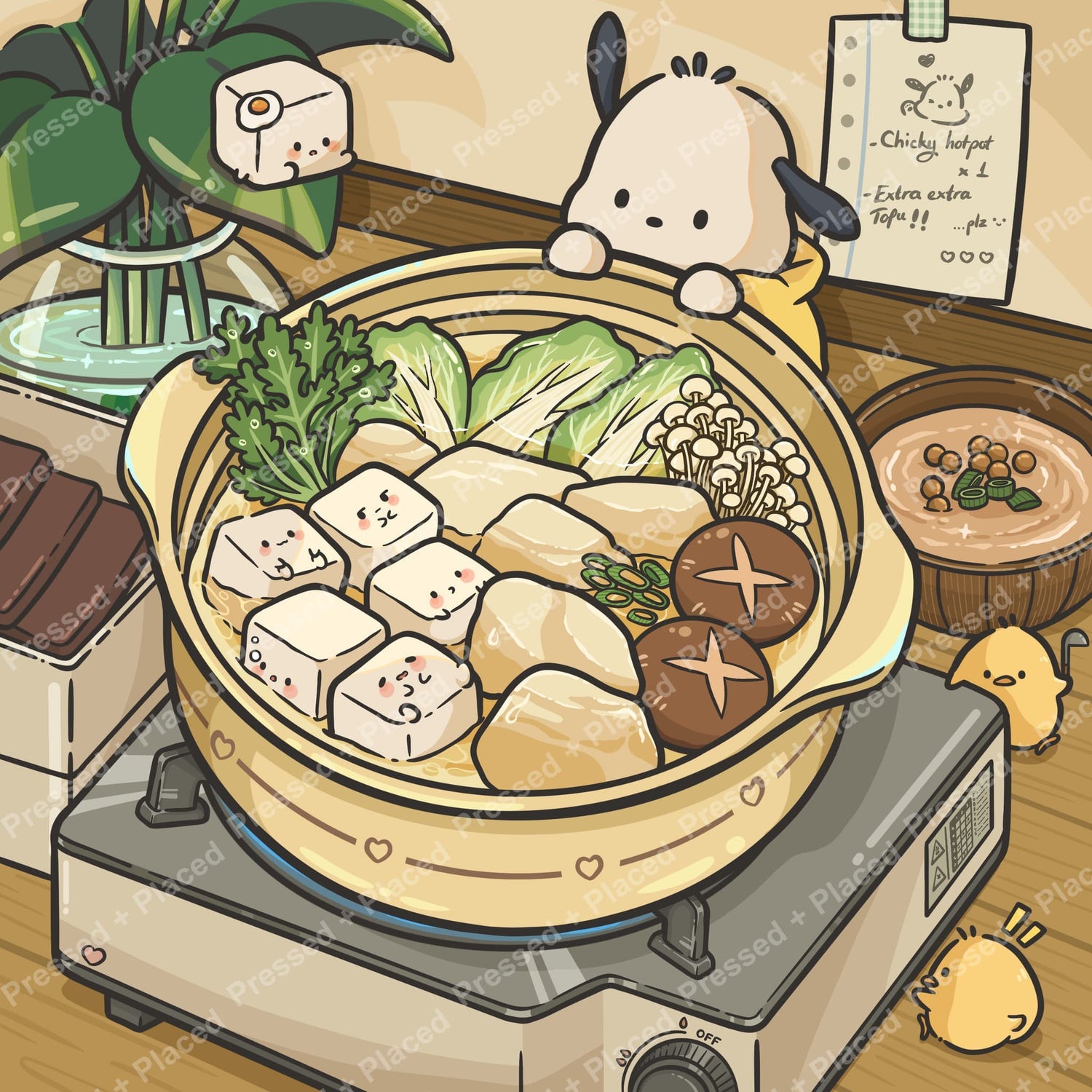 Cute kawaii hot pot scene with tofu, vegetables, and smiling cartoon characters