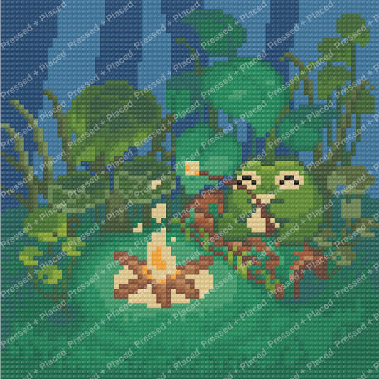 Frog beside a mushroom in a lush pond scene with green and blue tones
