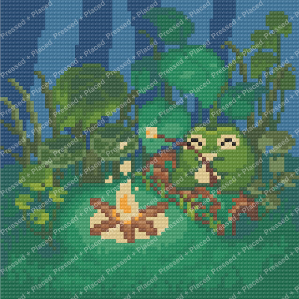 Frog beside a mushroom in a lush pond scene with green and blue tones
