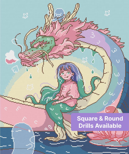 Fantasy girl sitting beside a pastel dragon in a whimsical anime style