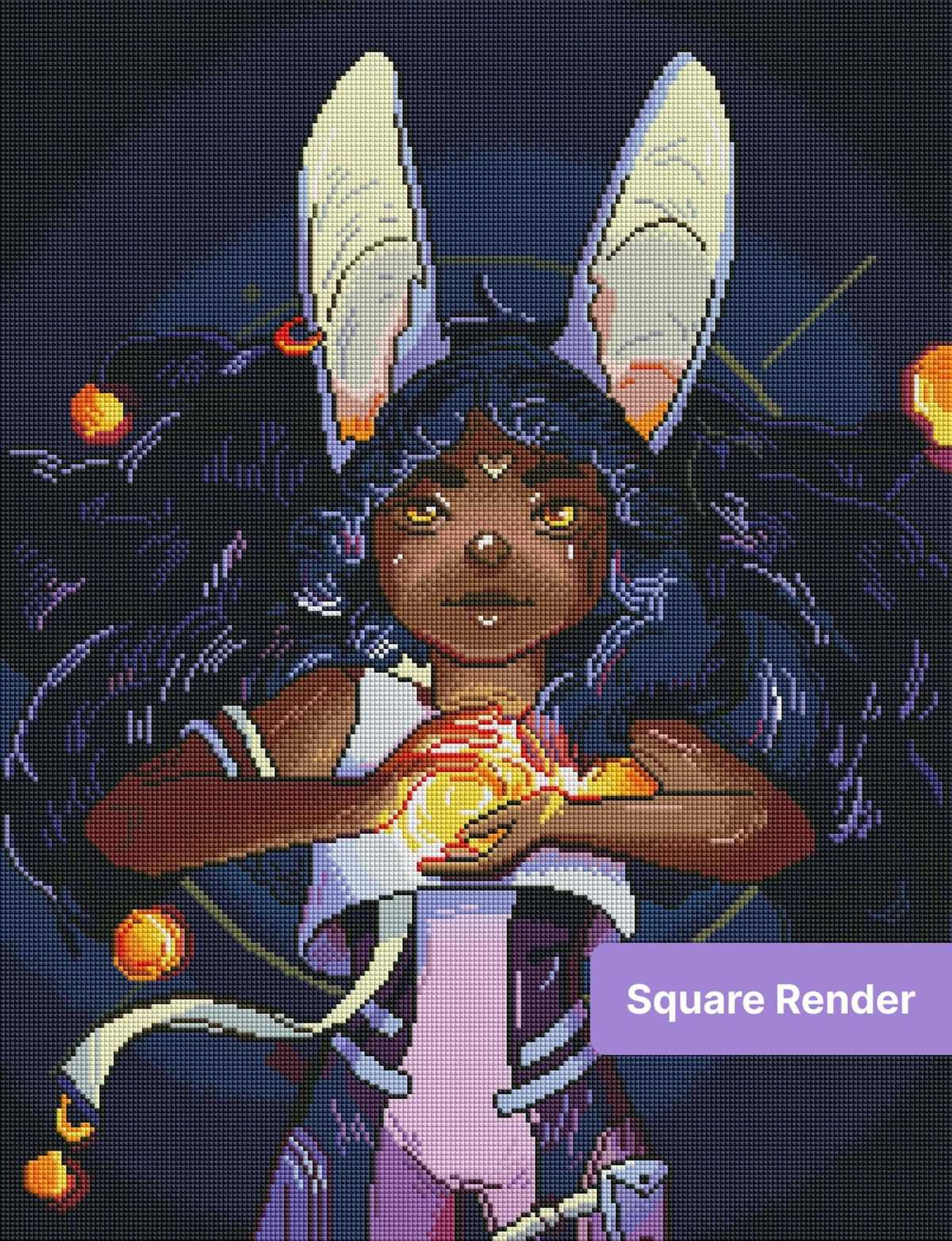 Fantasy bunny girl with glowing orb, dark curls, and tall rabbit ears in mystical style
