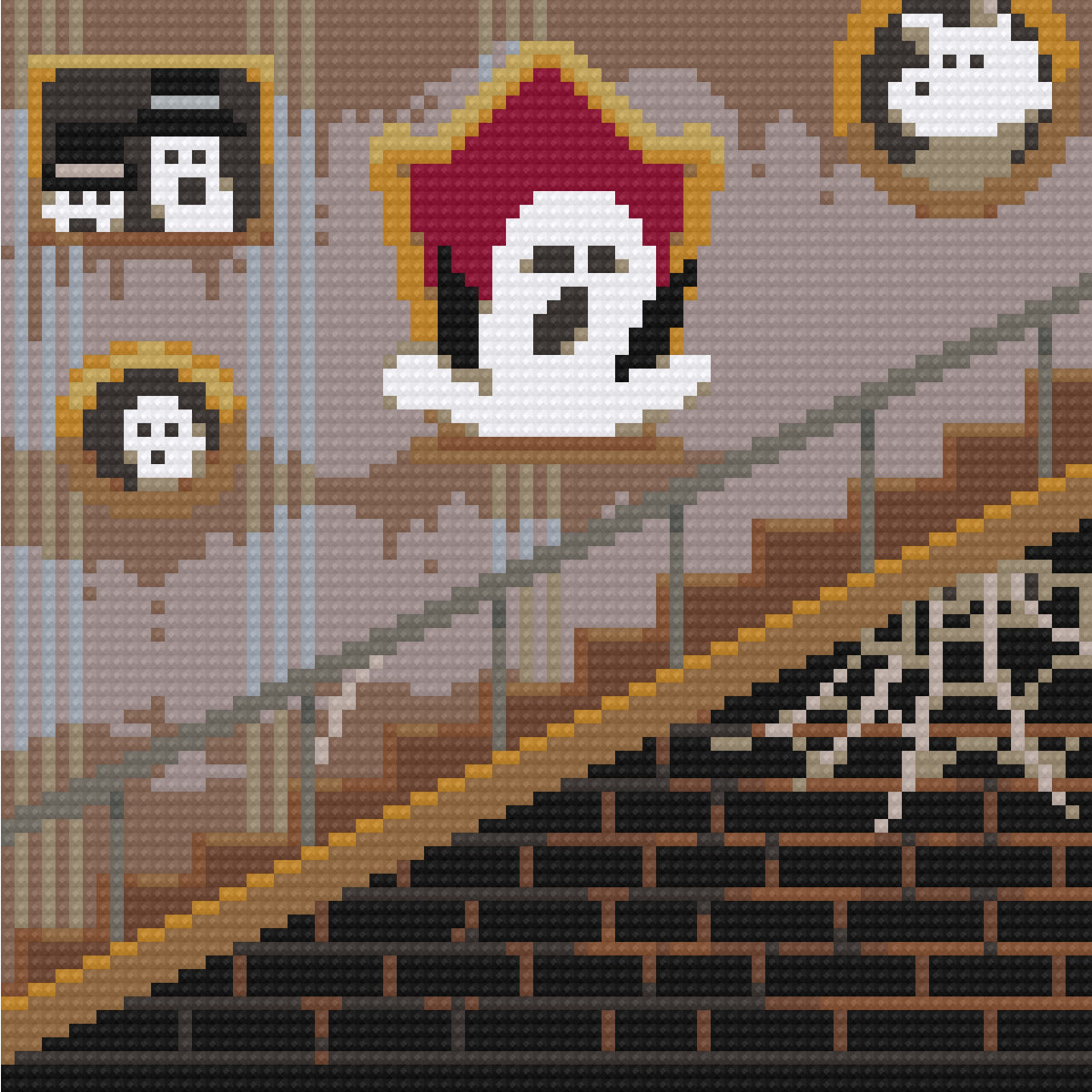Four cozy haunted mansion diamond painting scenes with ghosts, bats, pumpkins, and Halloween interiors