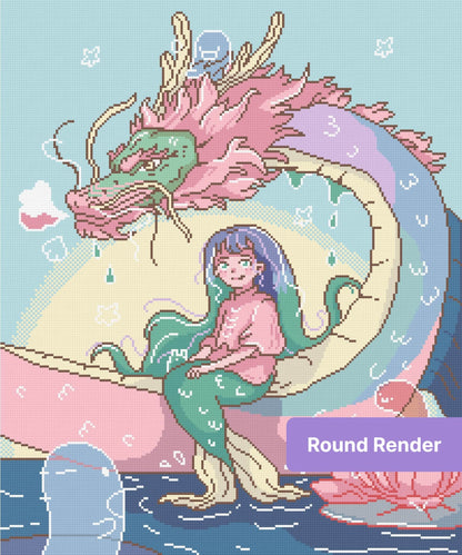 Fantasy girl sitting beside a pastel dragon in a whimsical anime style