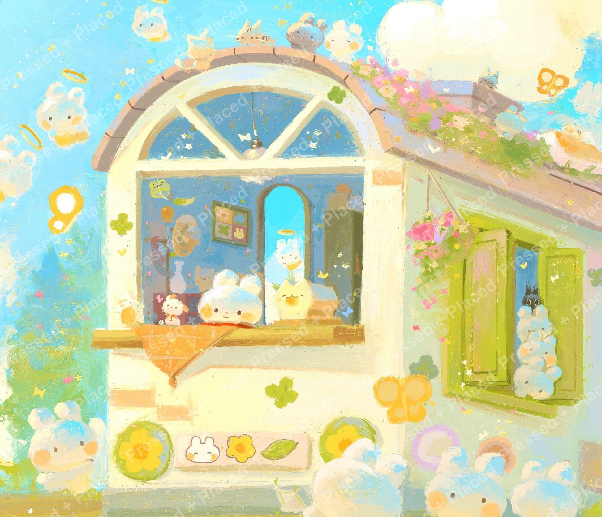 Whimsical pastel house with cute bunny characters and floral accents