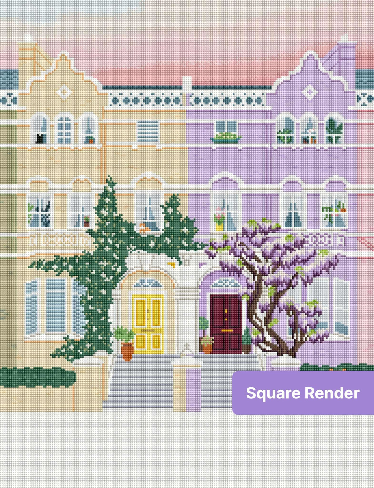Pastel townhouse row with flowering vines and blooming trees in whimsical street style