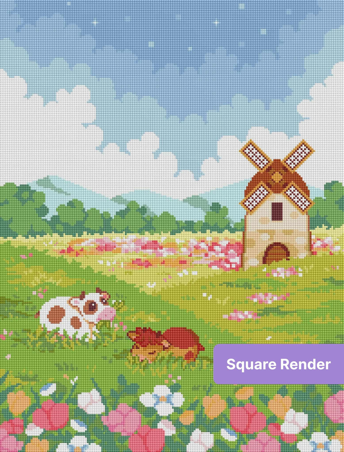 Pixel art farm scene with cow, horse, windmill, and blooming wildflowers