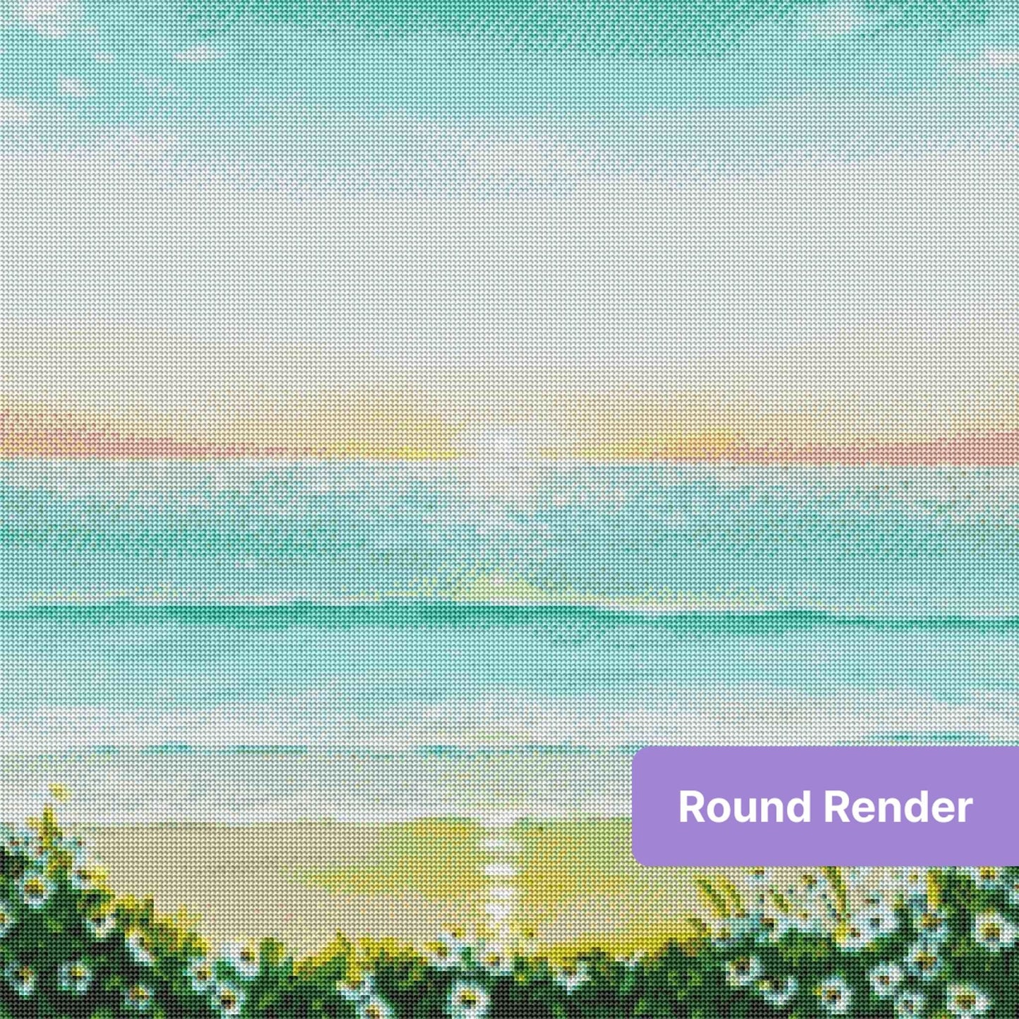 Pastel beach sunrise painting with ocean waves and white wildflowers along the shore