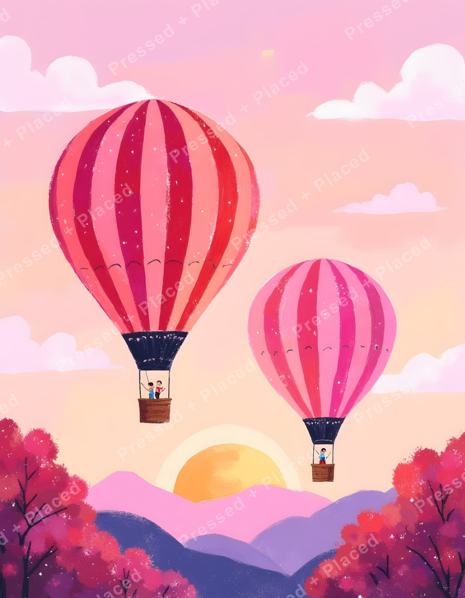 Pink hot air balloons floating over pastel hills and a glowing sunset sky