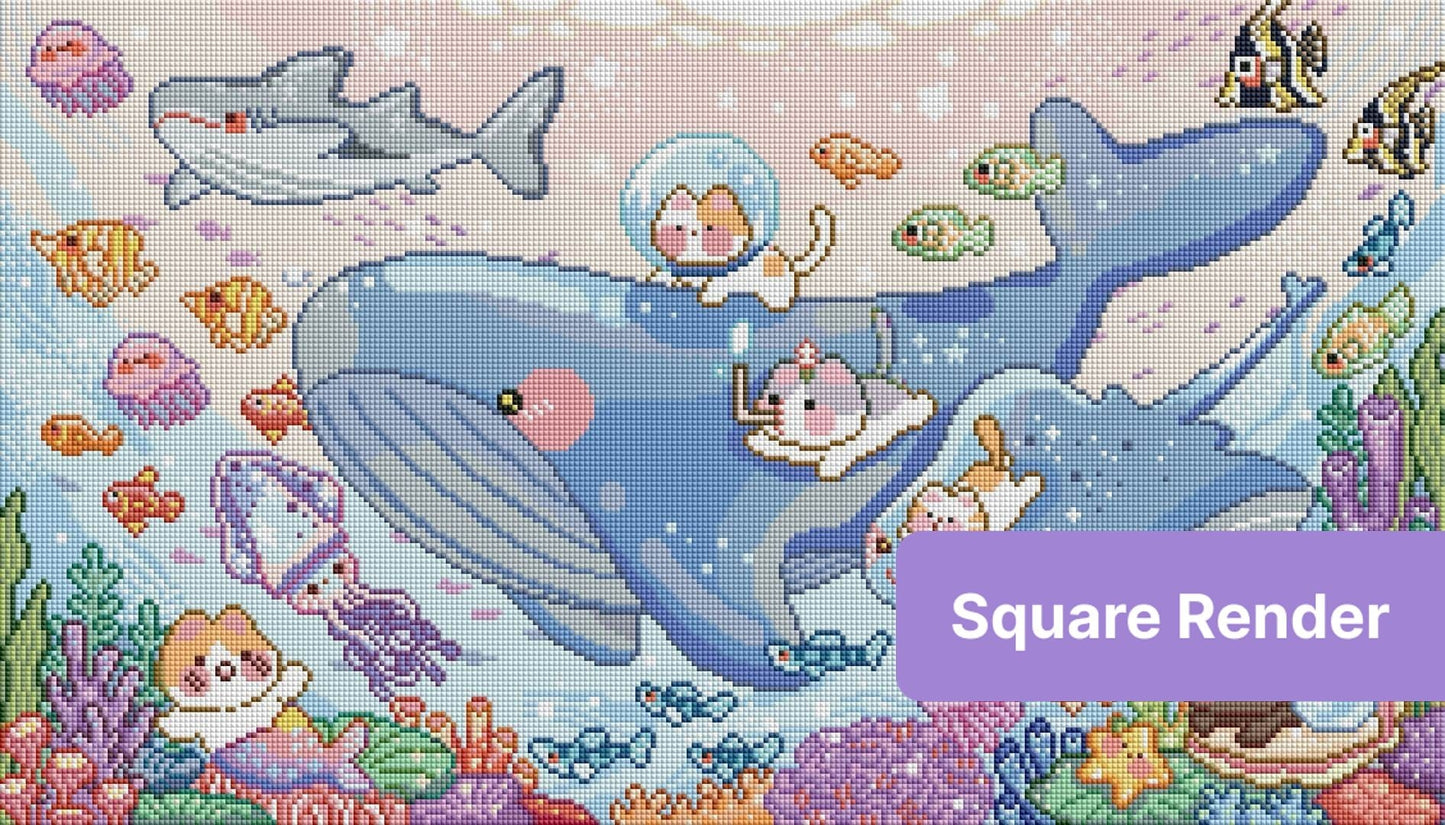 Cute pastel ocean animals with whales, fish, jellyfish, and coral in a whimsical cartoon style