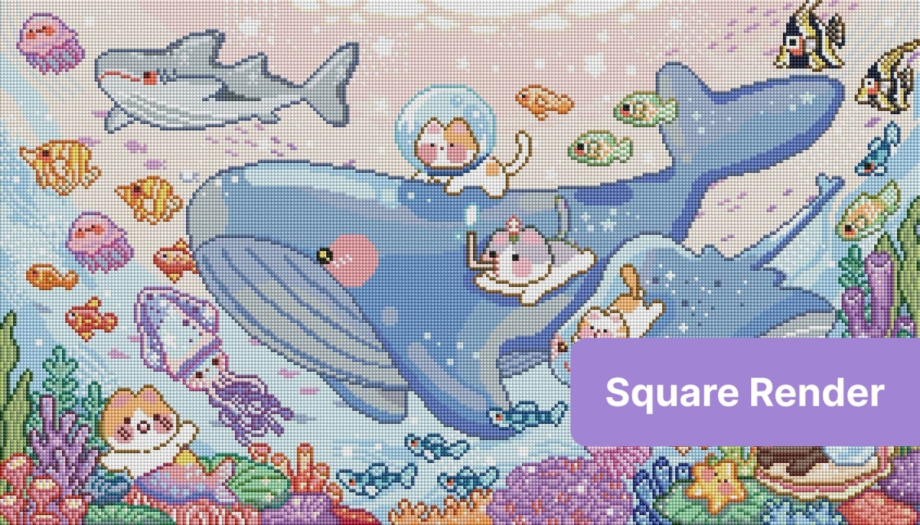 Cute pastel ocean animals with whales, fish, jellyfish, and coral in a whimsical cartoon style