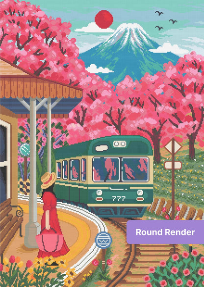 Cherry blossom train station landscape with mountain, vibrant pink trees, and vintage teal train