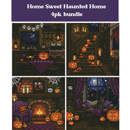 Halloween diamond painting kit with four cozy pumpkin cottage scenes and dark autumn colors