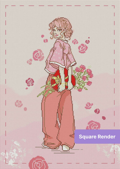 Anime-style pink-haired girl holding flowers with soft rose accents and pastel tones