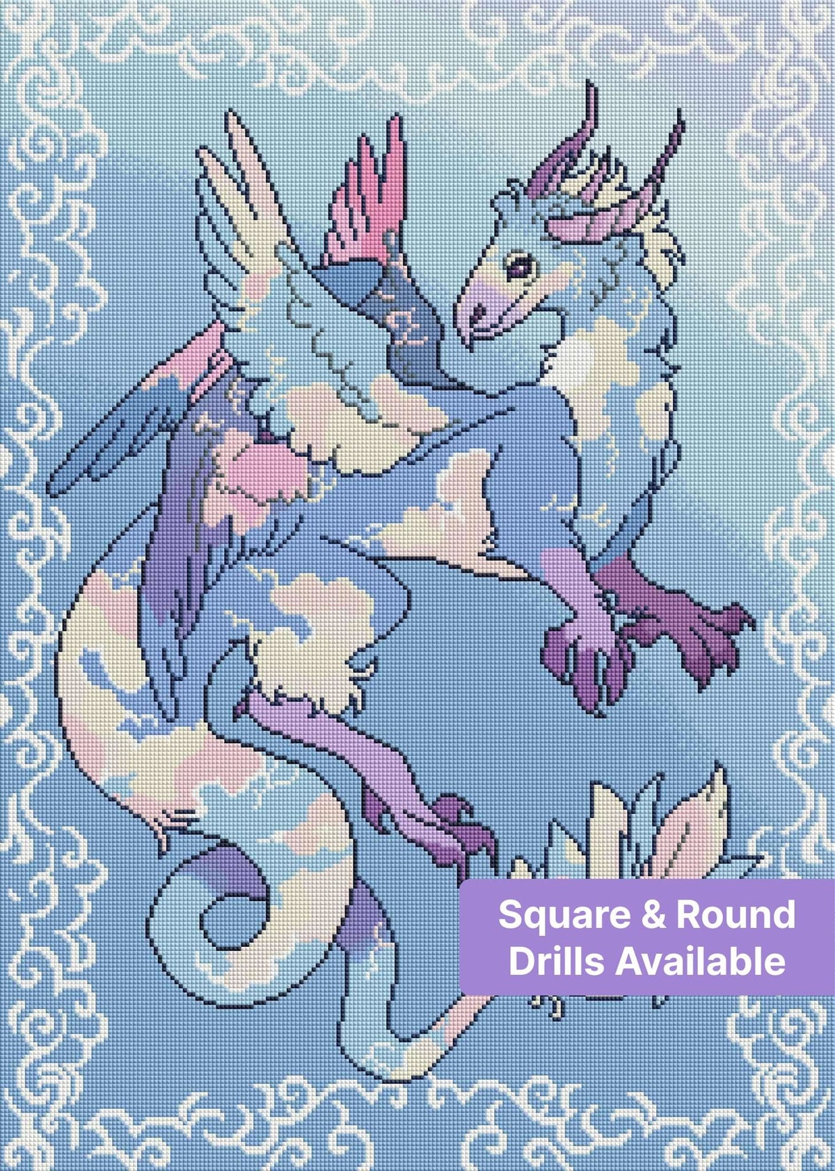 Pastel fantasy dragon with cloud patterns, lavender horns, and elegant swirling border