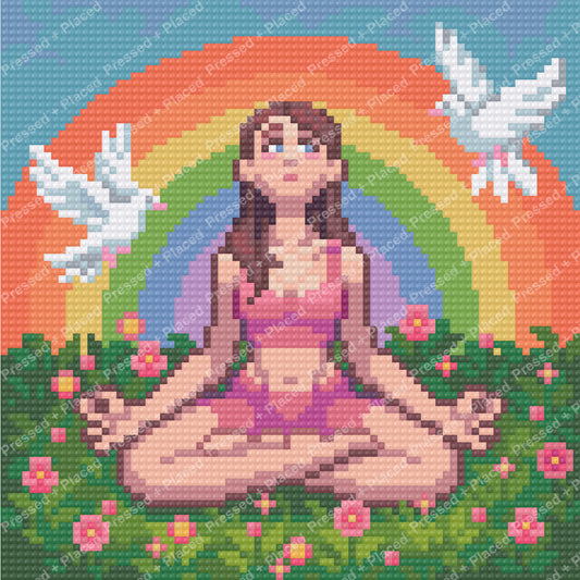 Meditating girl with rainbow, flowers, and white doves in colorful pixel-style art