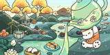 Cute bunny in a pastel Japanese garden with pond, pagoda, and autumn trees