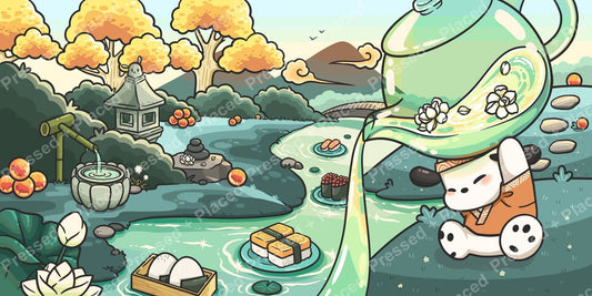 Cute bunny in a pastel Japanese garden with pond, pagoda, and autumn trees
