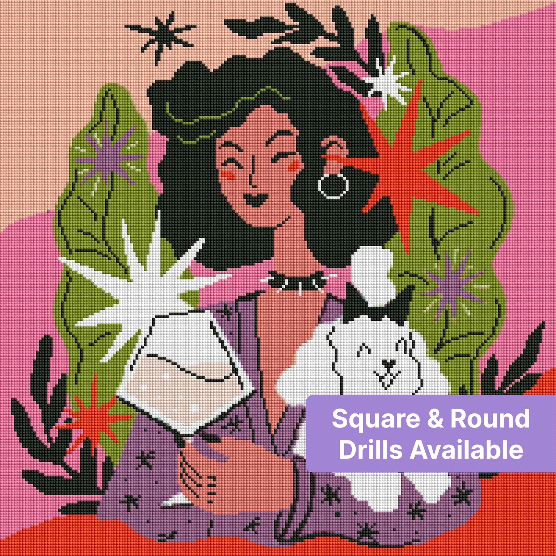 Stylized woman with curly hair holding a fluffy dog, surrounded by bold leaves and starbursts