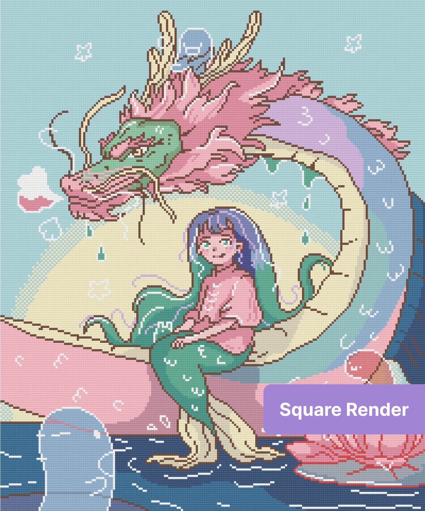 Fantasy girl sitting beside a pastel dragon in a whimsical anime style
