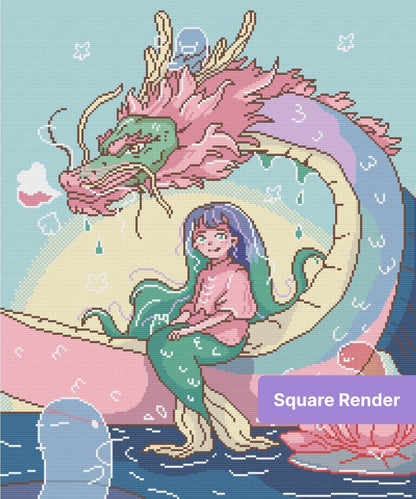 Fantasy girl sitting beside a pastel dragon in a whimsical anime style