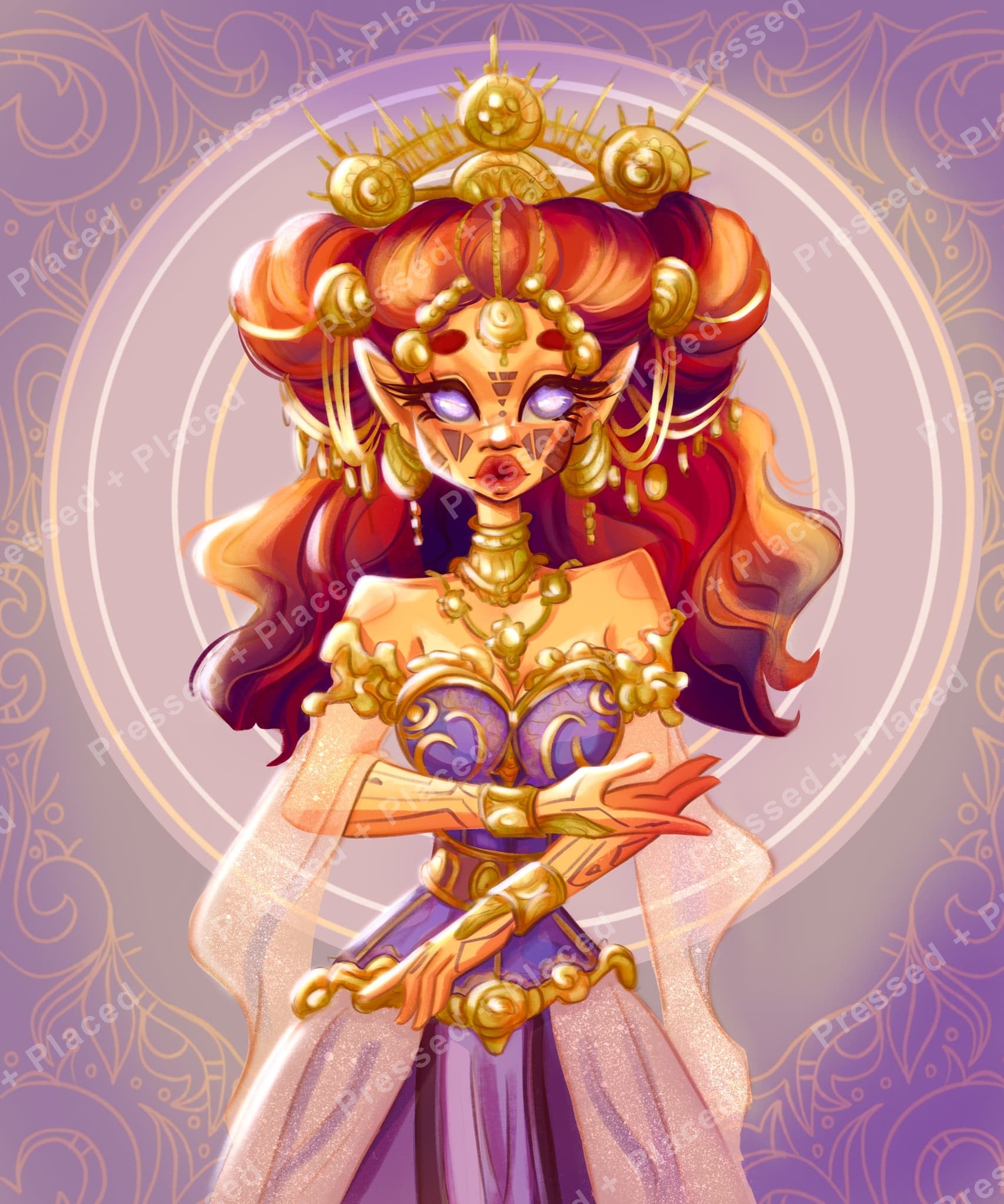 Fantasy queen portrait with gold jewelry, purple gown, and ornate mandala background