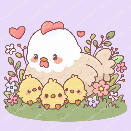 Cute cartoon hen with three chicks, hearts, and flowers on a lavender background