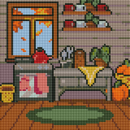 Four cabin-themed diamond painting designs with cozy interiors, warm colors, and rustic details