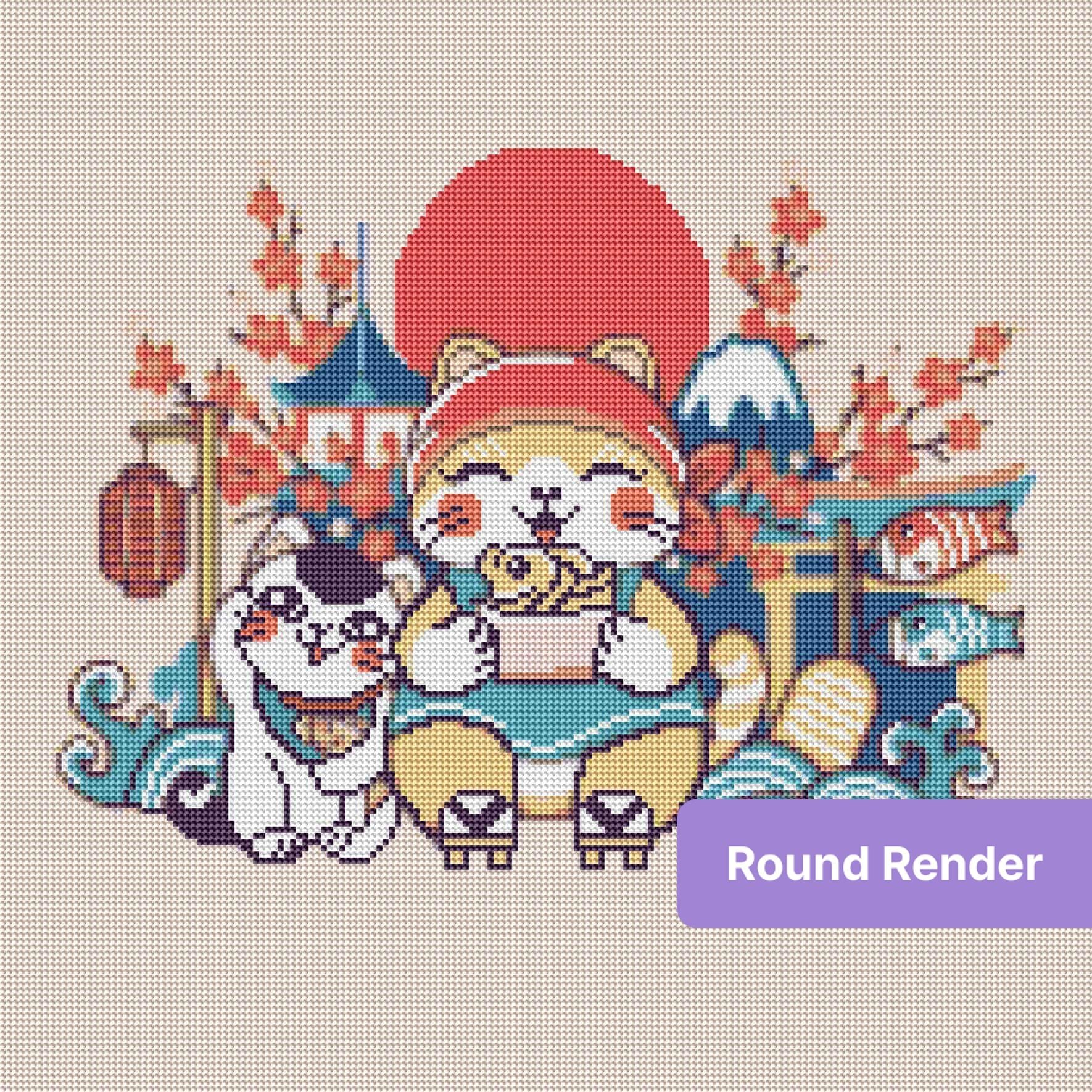 Cute Japanese-style cat scene with cherry blossoms, lanterns, koi fish, and waves