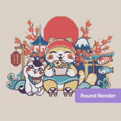 Cute Japanese-style cat scene with cherry blossoms, lanterns, koi fish, and waves