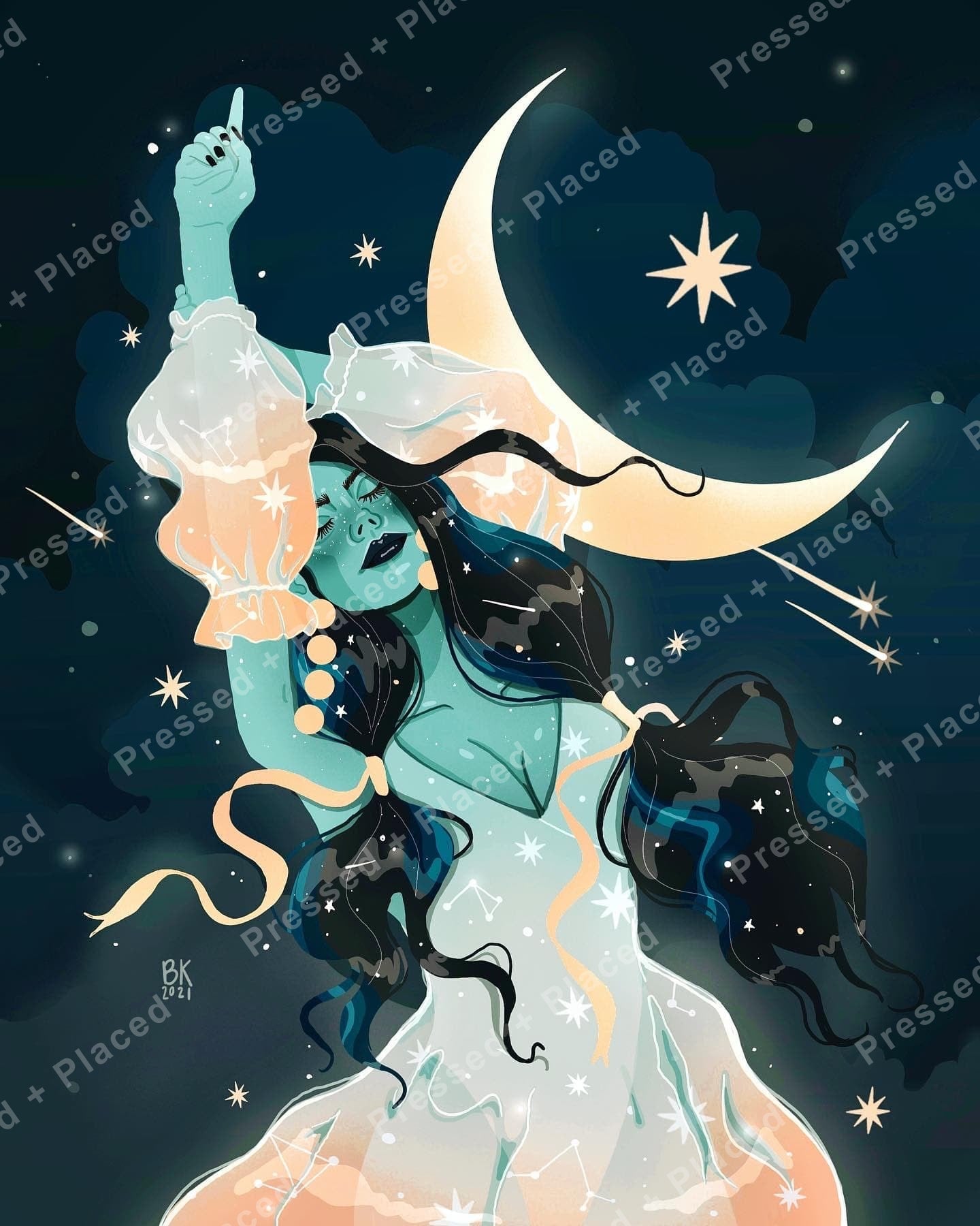 Celestial moon goddess in flowing robes with stars and crescent moon, fantasy style