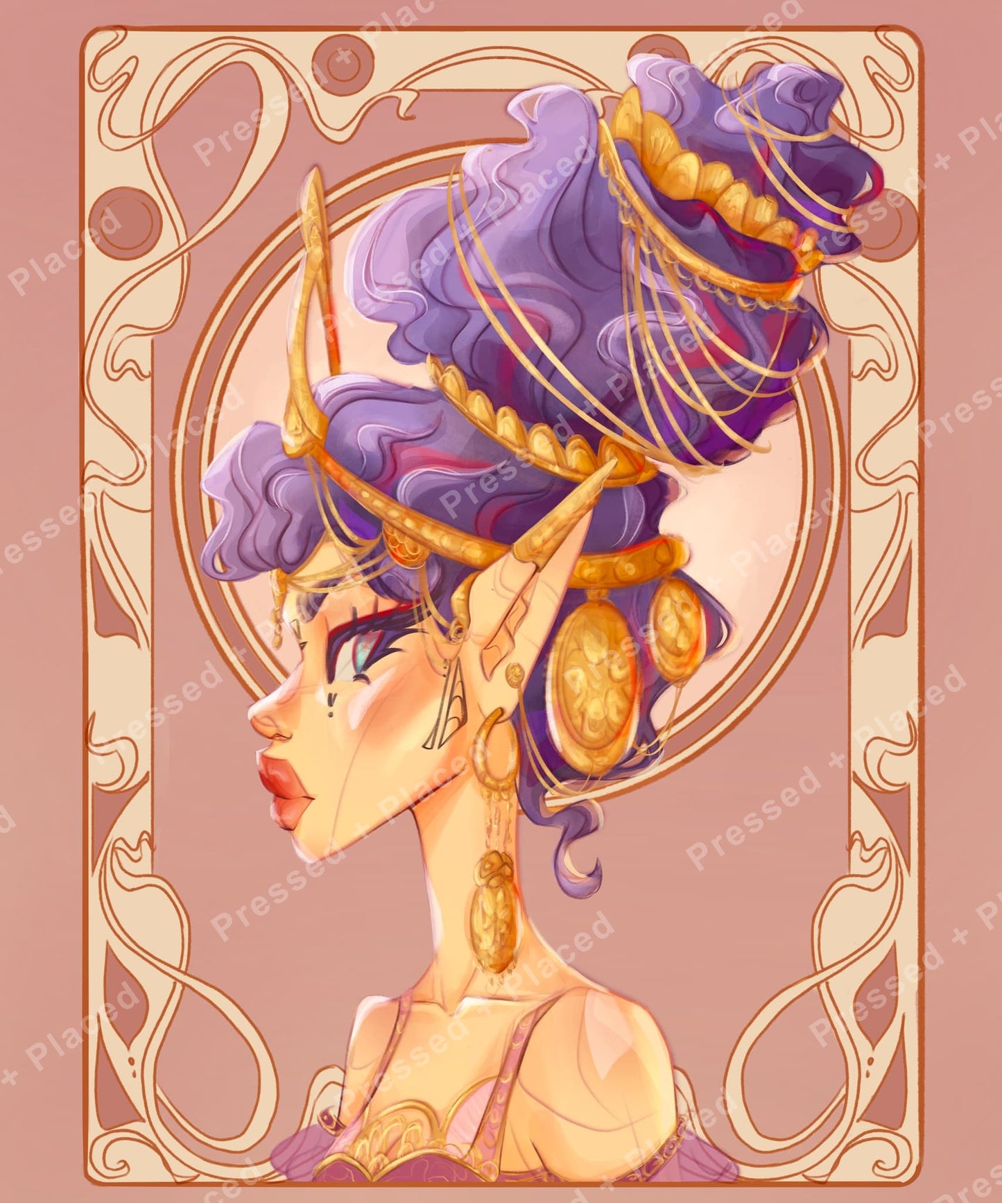 Fantasy woman with purple hair, gold jewelry, and ornate decorative framing