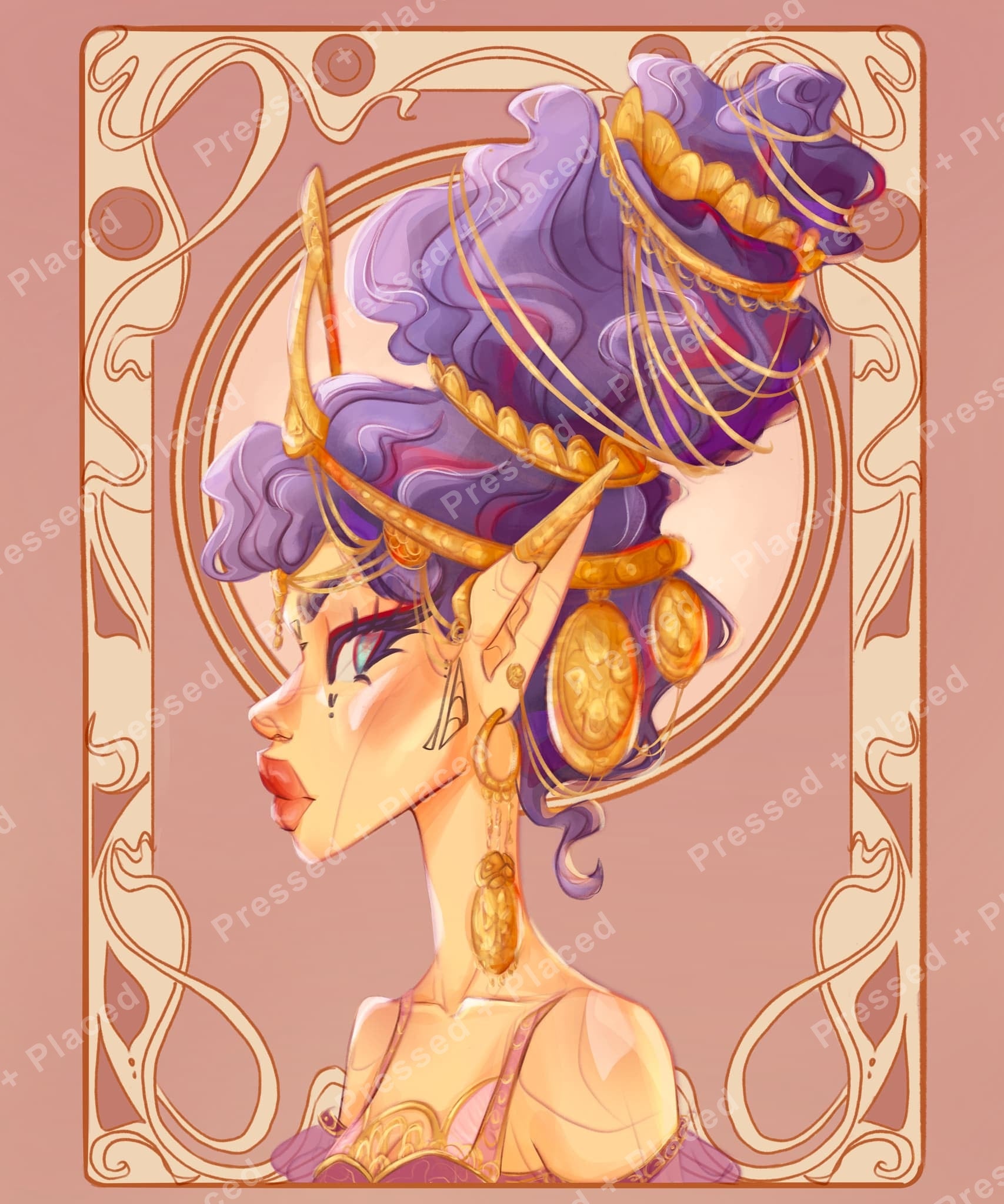 Fantasy woman with purple hair, gold jewelry, and ornate decorative framing