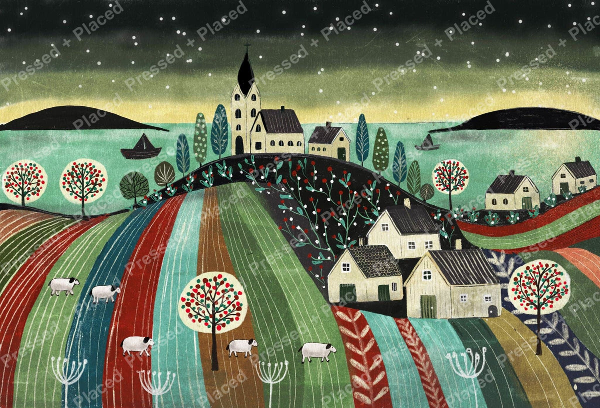 Whimsical village landscape with church, cottages, sheep, and colorful striped fields