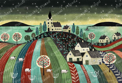 Whimsical village landscape with church, cottages, sheep, and colorful striped fields