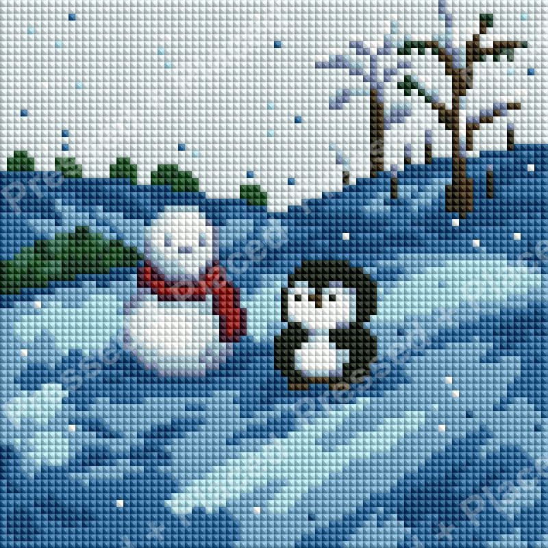 Snowman and penguin in a blue snowy winter landscape diamond art style