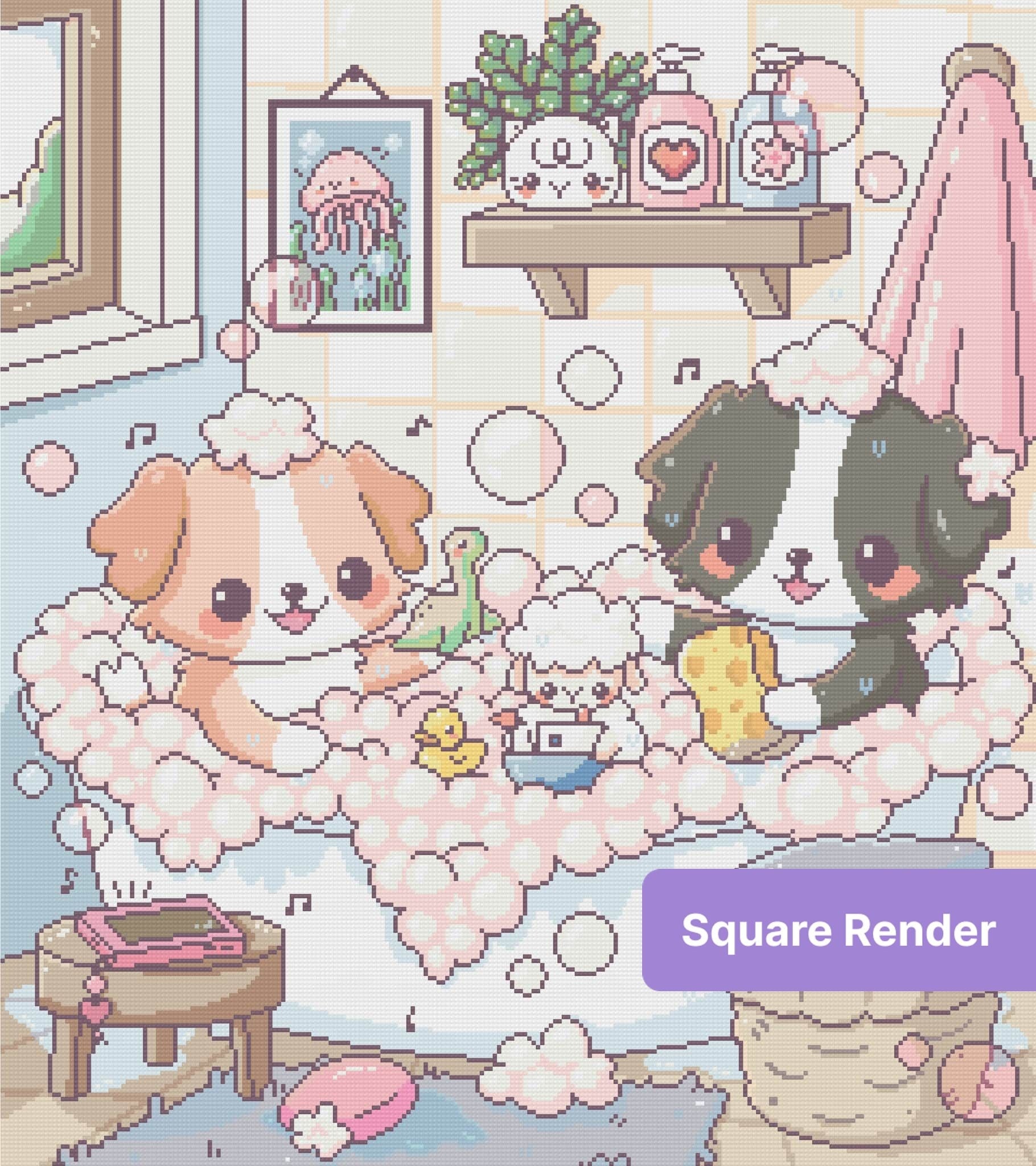 Cute pastel puppy bath scene with bubbles, soap, and cozy kawaii decor