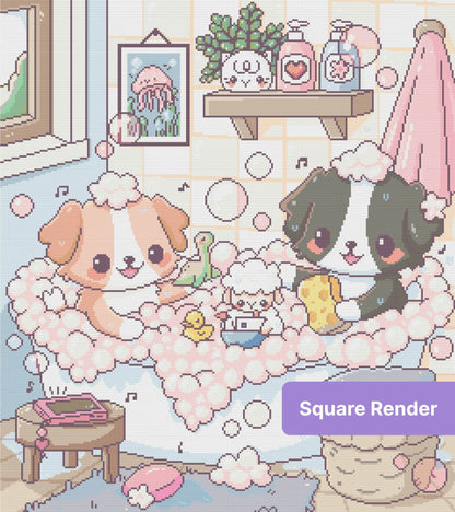 Cute pastel puppy bath scene with bubbles, soap, and cozy kawaii decor