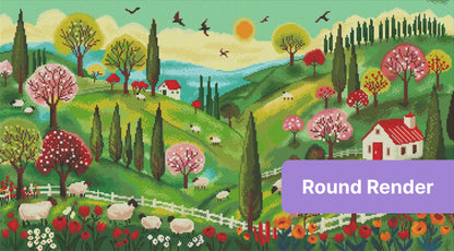Colorful spring countryside landscape with sheep, flowering trees, cottages, and rolling hills