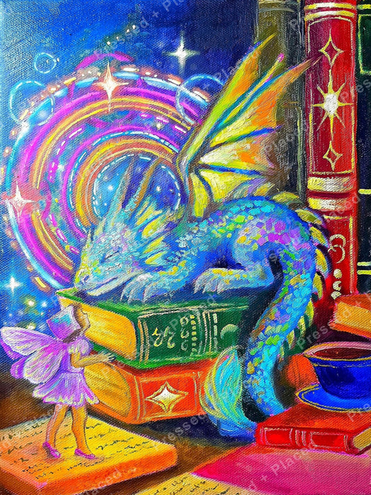 Colorful dragon resting among glowing books with a magical orb and fantasy sparkles