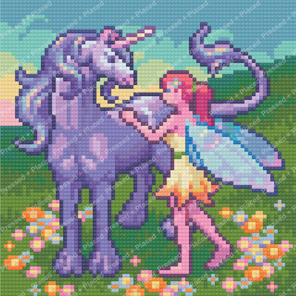 Purple unicorn and fairy in a colorful fantasy meadow with flowers