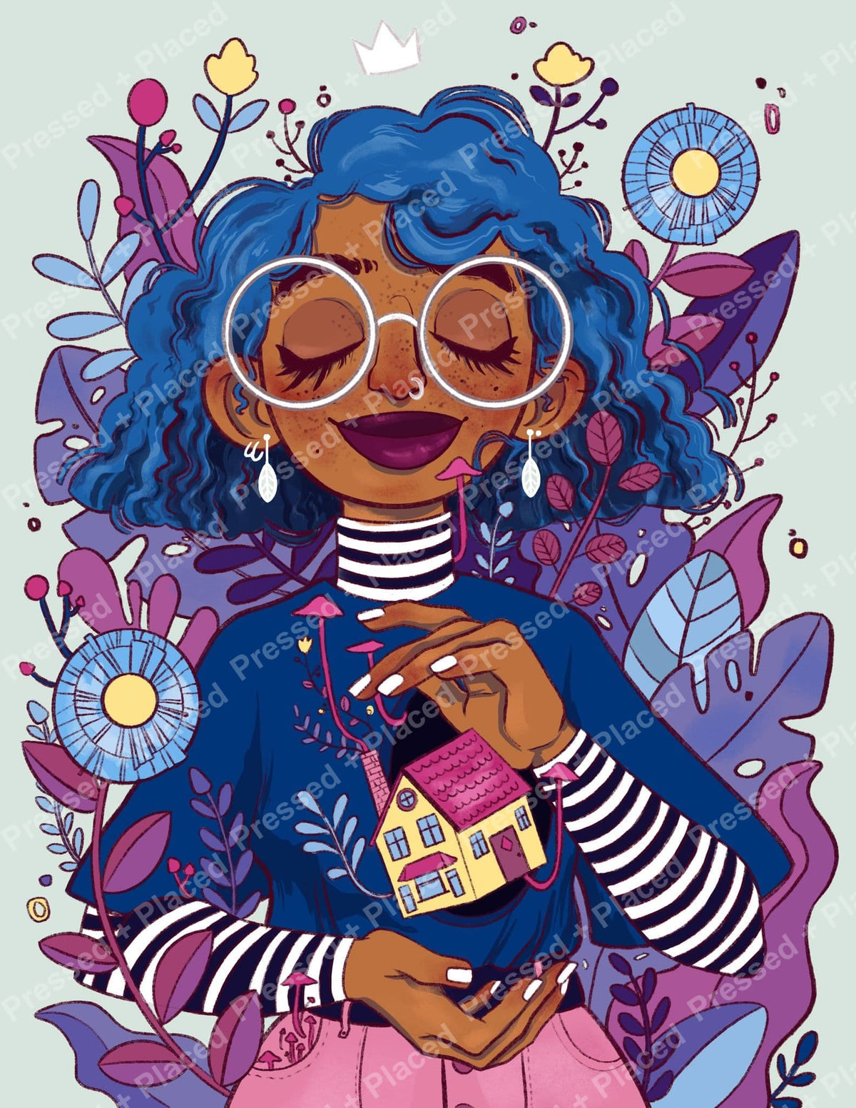 Illustrated blue-haired girl with glasses, flowers, and house pendant in a vibrant portrait style