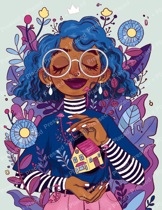 Illustrated blue-haired girl with glasses, flowers, and house pendant in a vibrant portrait style