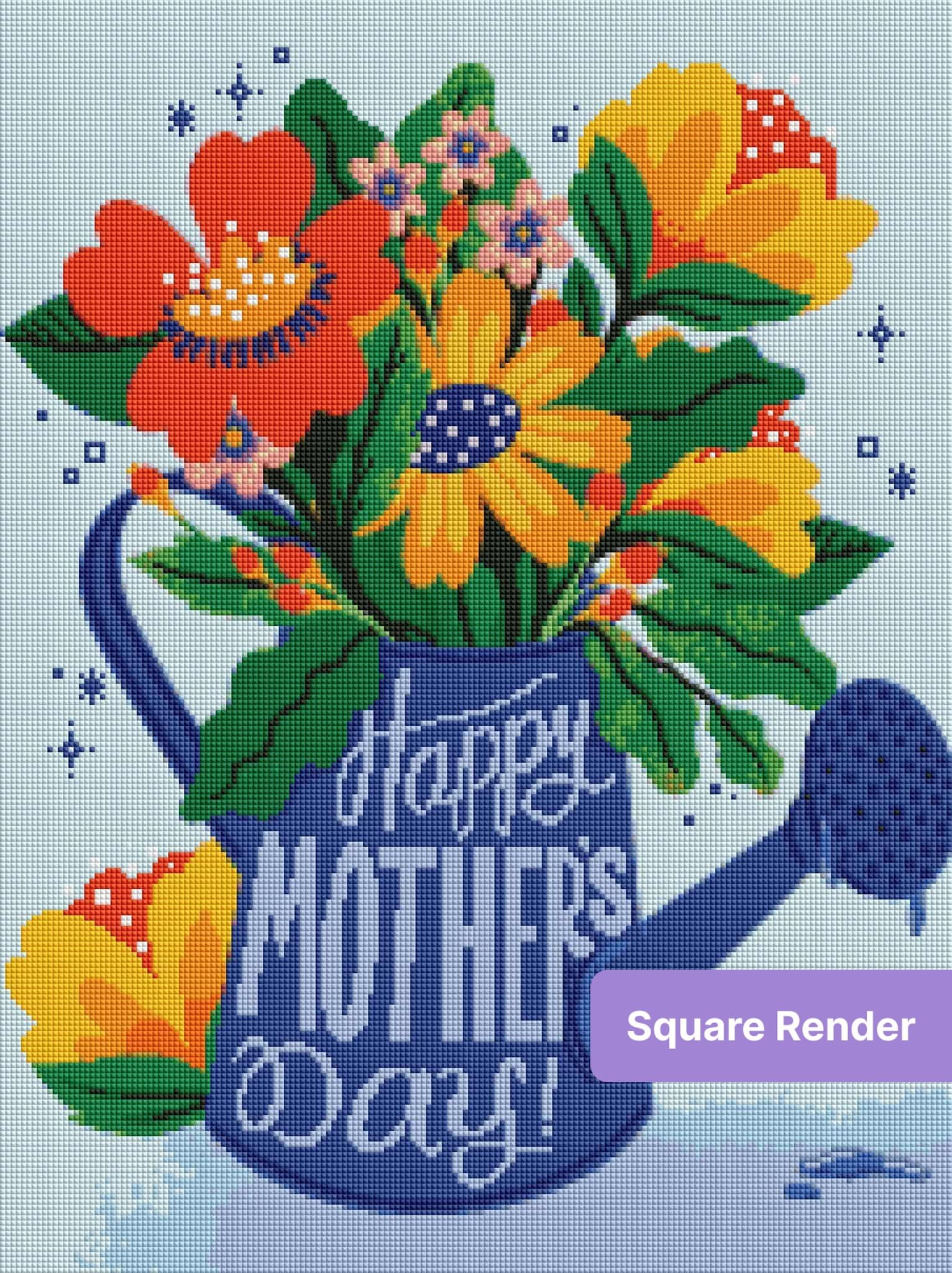 Floral watering can with bright flowers and Happy Mothers Day text in colorful whimsical style