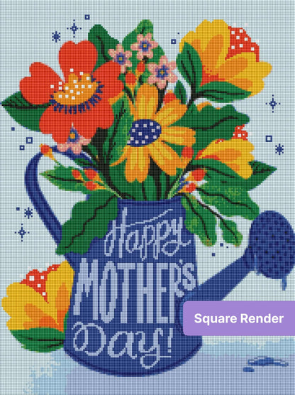 Floral watering can with bright flowers and Happy Mothers Day text in colorful whimsical style