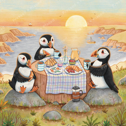 Whimsical watercolor penguins enjoying a seaside picnic at sunset on rocky cliffs