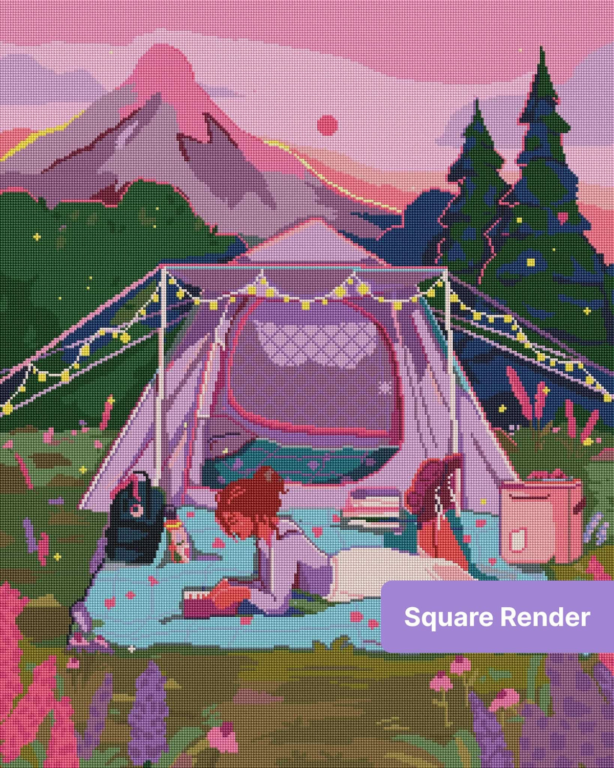 Pastel camping scene with pink tent, string lights, mountains, and a woman reading outdoors