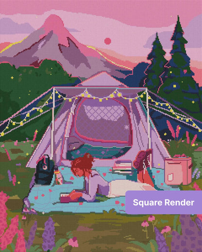 Pastel camping scene with pink tent, string lights, mountains, and a woman reading outdoors