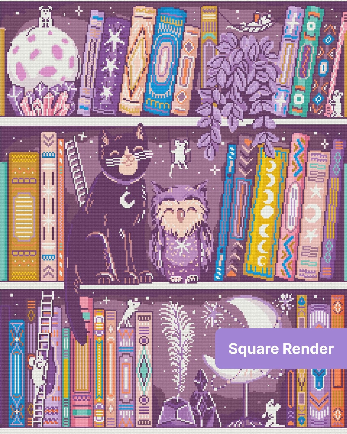 Whimsical cat and owl bookshelf scene with moons, books, crystals, and boho-style details